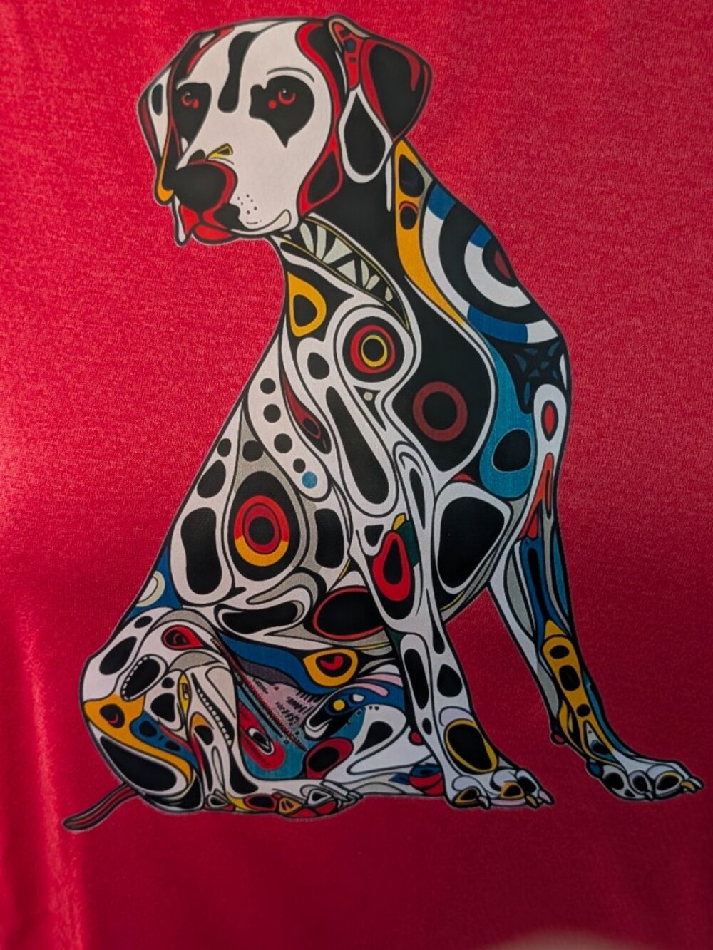 Mens XL BCG Red Athletic Short Sleeve T shirt with Colorful Dalmatian